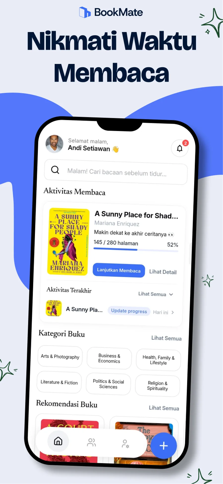 BookMate Google Play listing showing the home screen with reading activity, categories, and recommendations